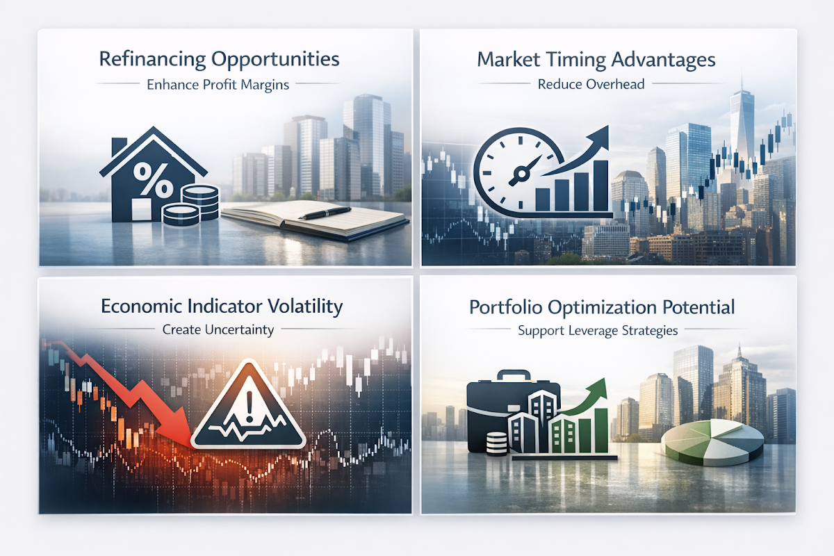 Infographic showing refinancing opportunities, market timing advantages, economic indicator volatility, and portfolio optimization potential.