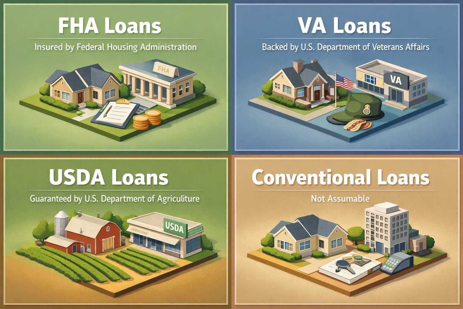 Infographic comparing FHA, VA, USDA, and Conventional loans regarding assumability and eligibility criteria.