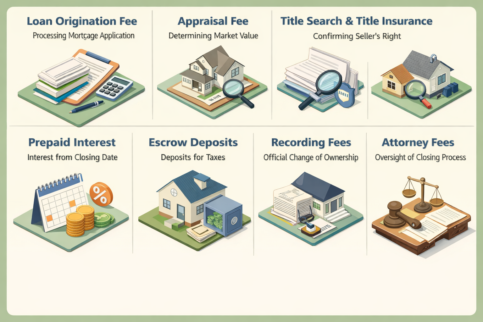 Infographic showing common mortgage closing costs including loan origination, appraisal, title search, and more.