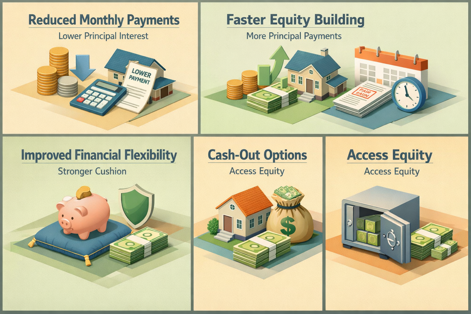 Infographic showing benefits of refinancing a jumbo mortgage including reduced payments, equity building, and financial flexibility.