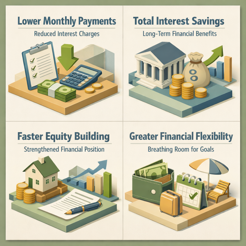 Infographic showing benefits of refinancing mortgage including lower payments, total interest savings, equity building, and financial flexibility.
