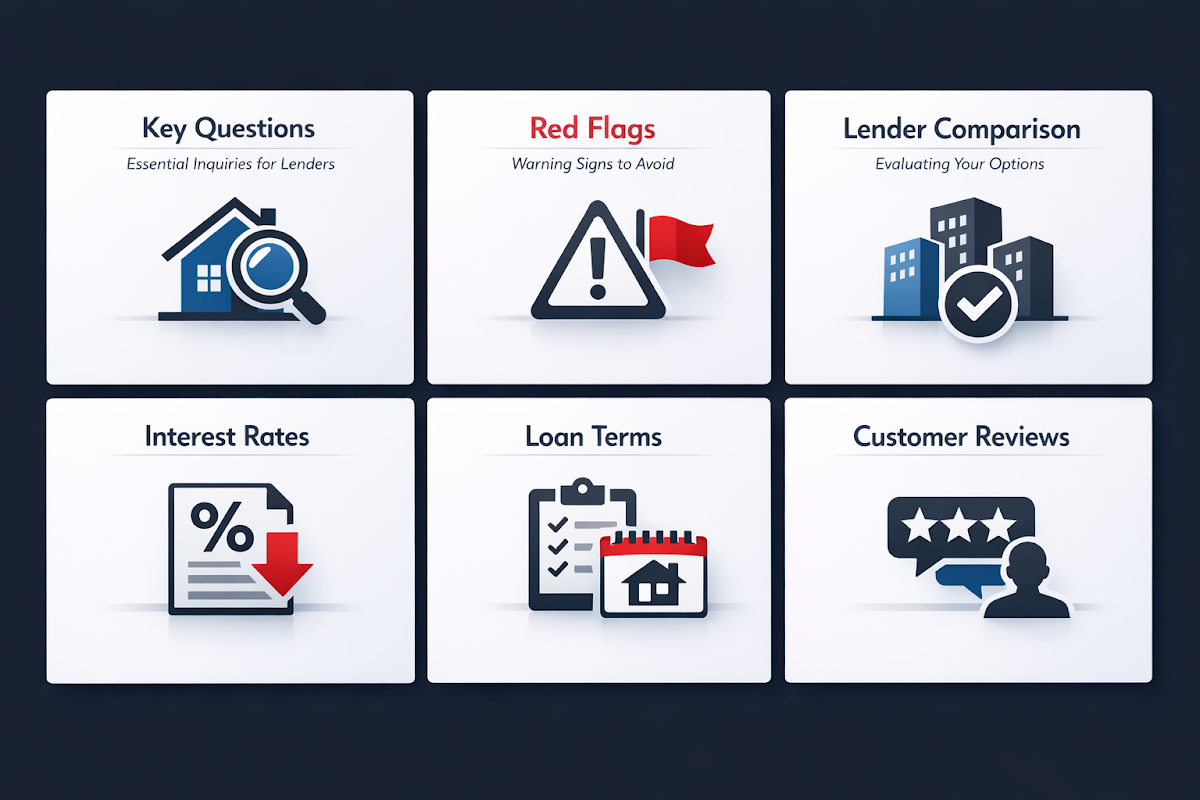 Key questions for lenders and red flags to avoid when selecting mortgage lenders for real estate investments.