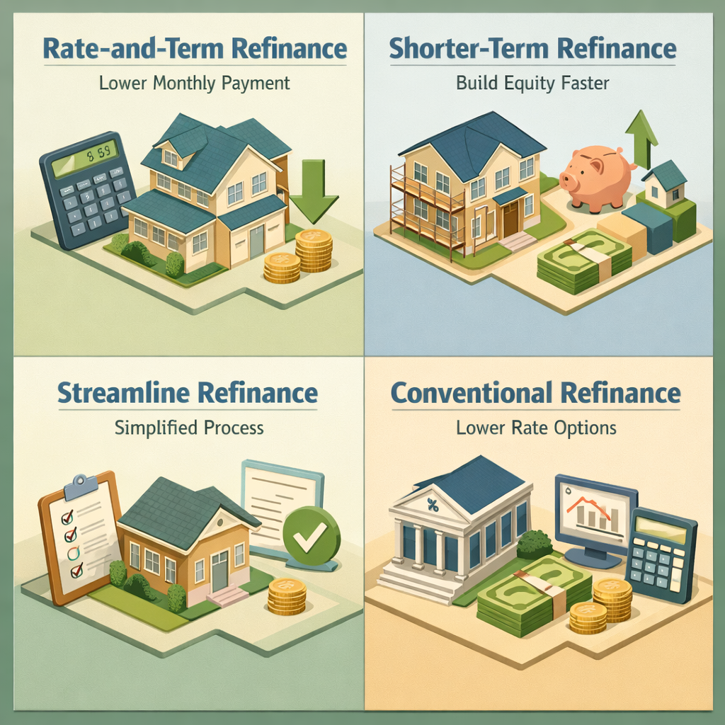 Infographic illustrating refinancing options: Rate-and-Term, Shorter-Term, Streamline, and Conventional refinancing paths.