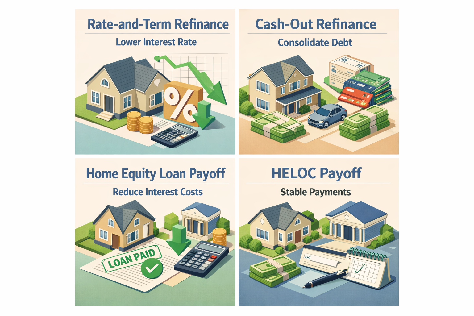 Infographic showing refinancing options for a conventional loan with a second mortgage including rate-and-term refinance and cash-out refinance.