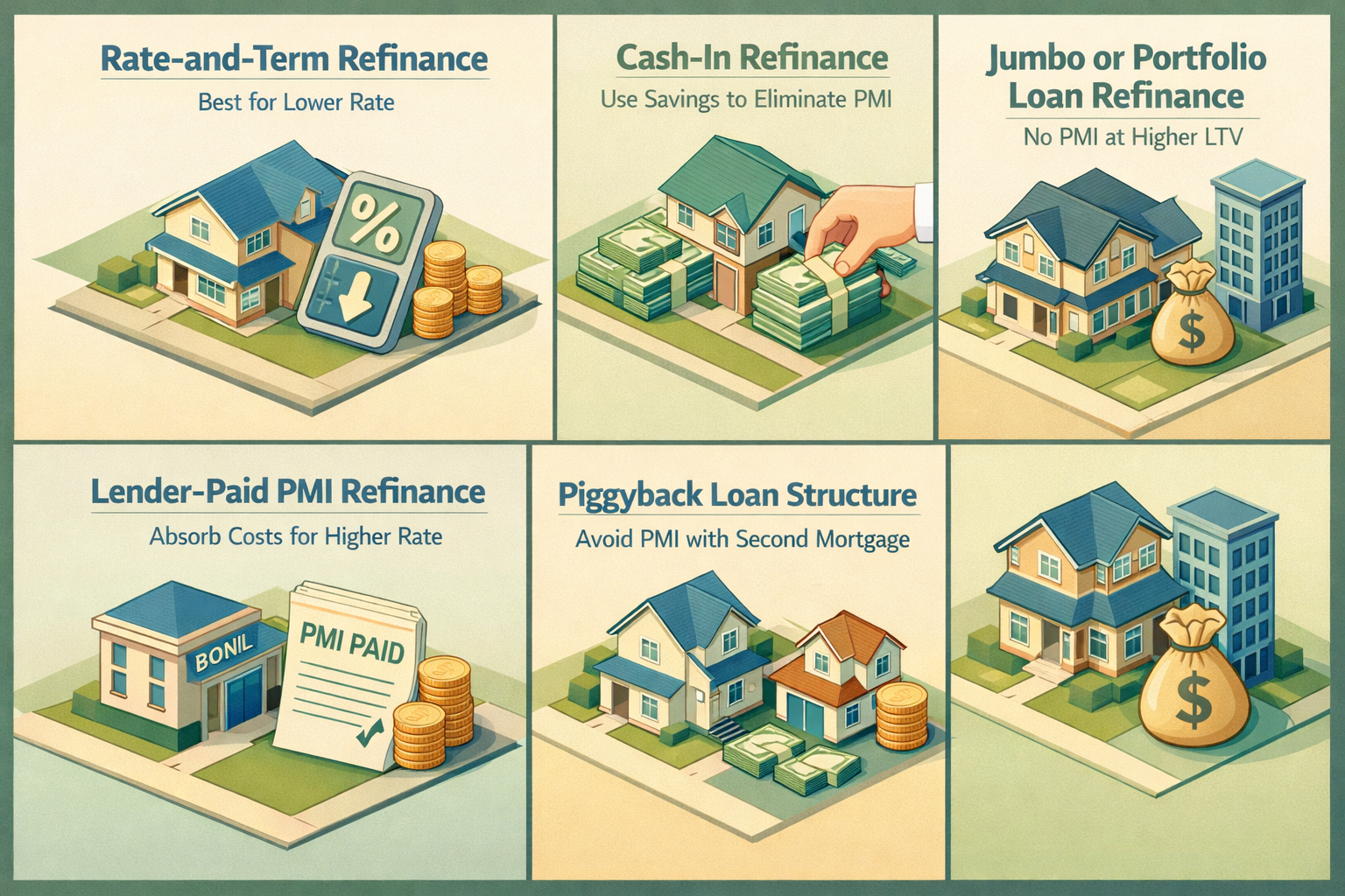 Comparison of refinancing options for conventional loans to eliminate PMI including rate-and-term, cash-in, jumbo loans, and more.