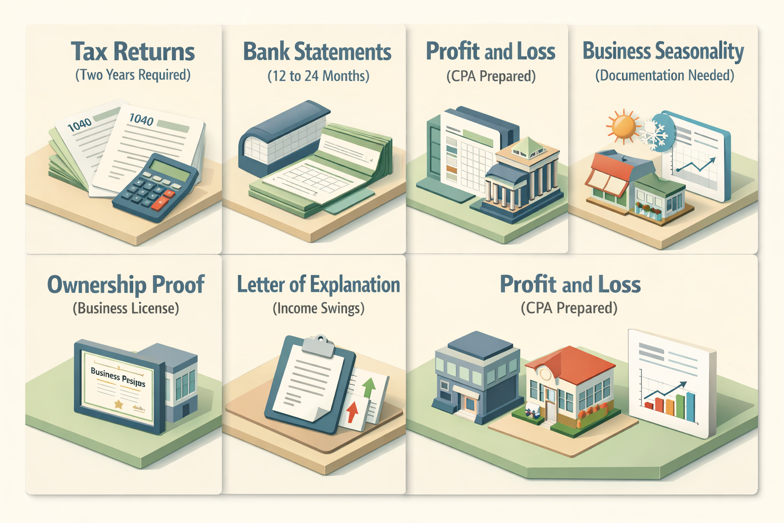Checklist for refinancing a seasonal tourism business mortgage including tax returns, bank statements, and proof of ownership.