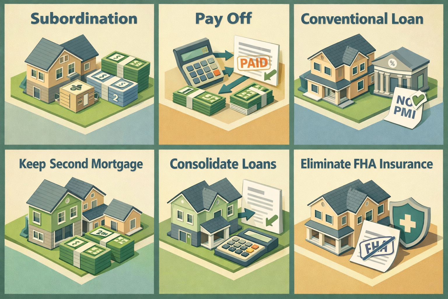 Infographic showing options for refinancing an FHA loan with a second mortgage: subordination, paying off, and conventional loan.