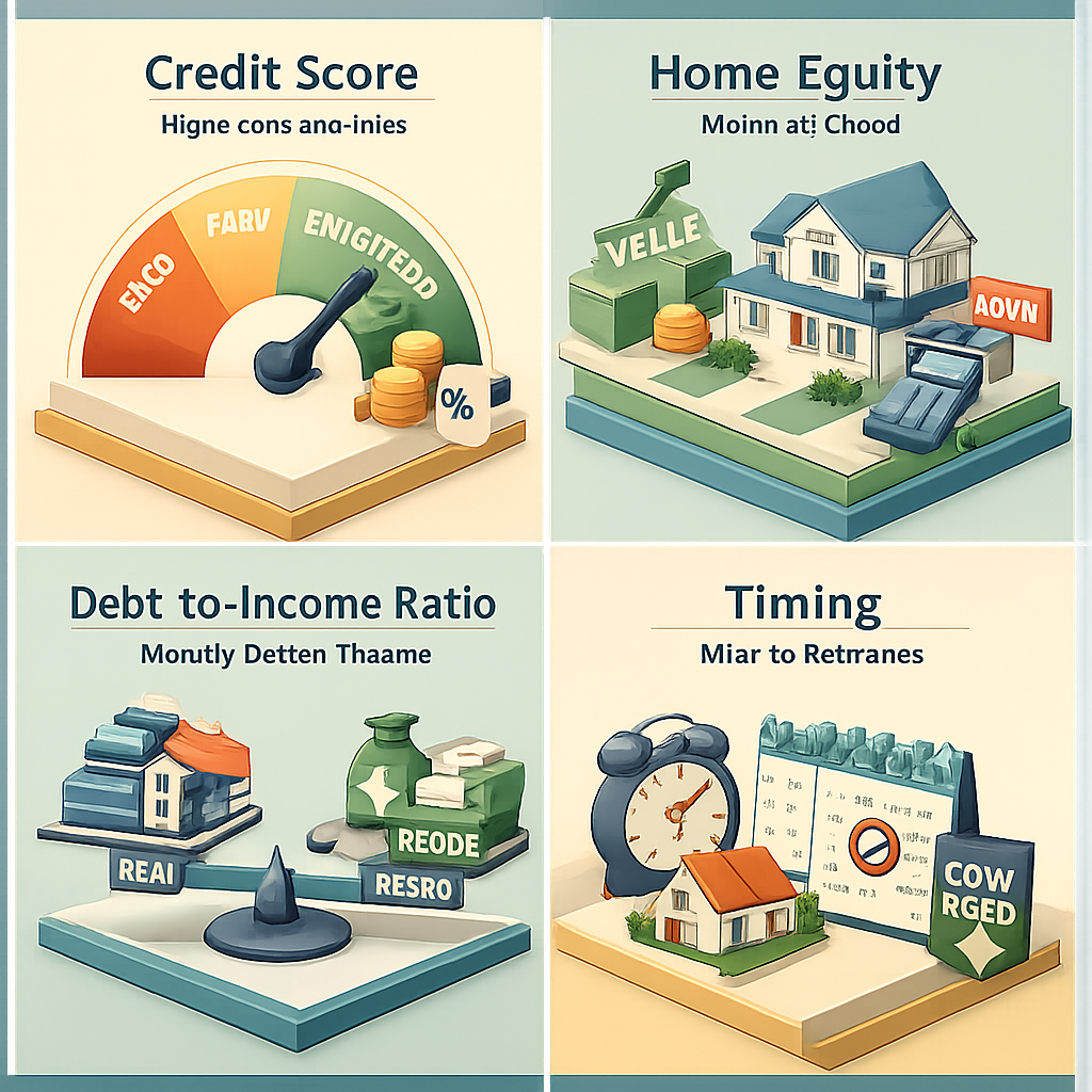 Infographic illustrating factors for refinancing ARM mortgage: credit score, home equity, debt-to-income ratio, and timing.