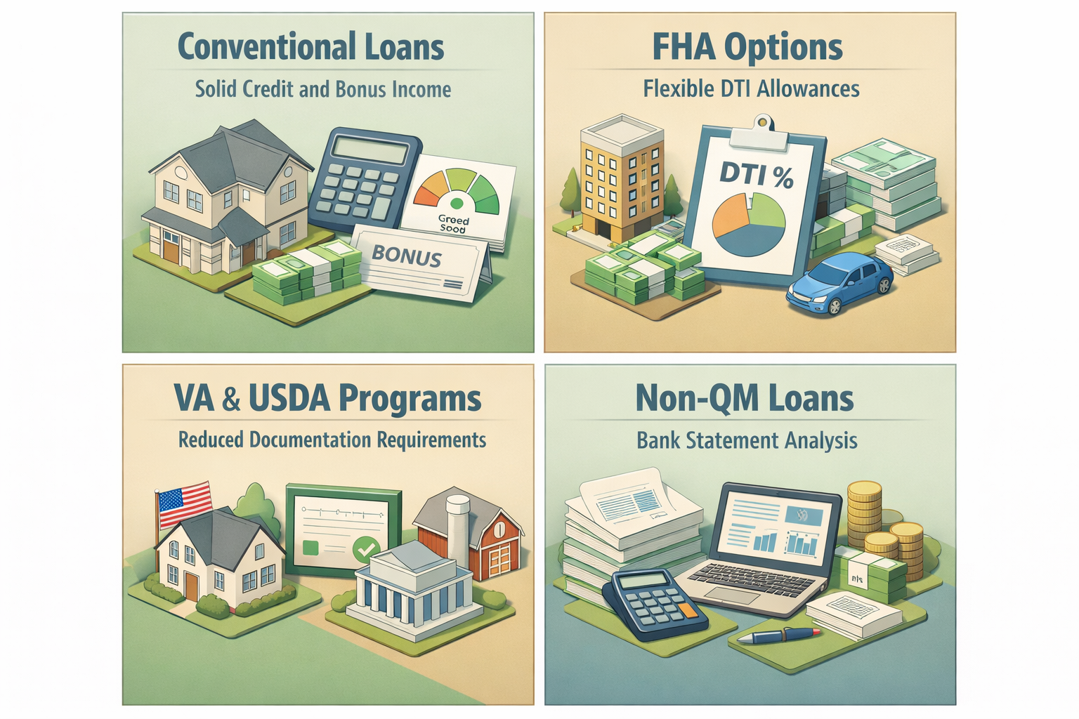 Infographic comparing loan programs for refinancing ARM mortgage with bonus income including Conventional, FHA, VA, USDA, and Non-QM options.
