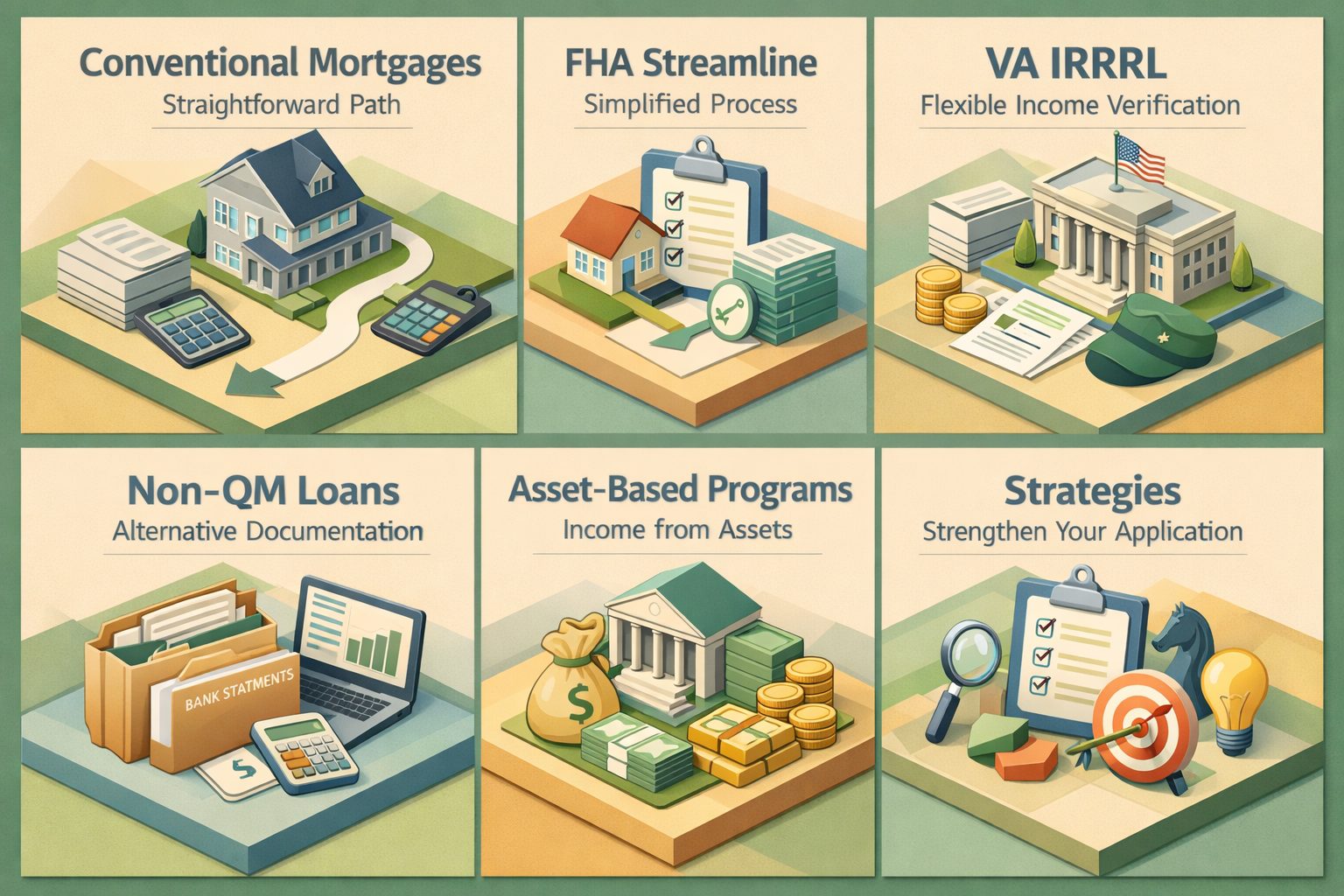 Infographic showing loan programs for refinancing ARM mortgages for commission-based income including Conventional, FHA, VA, Non-QM, and Asset-Based options.