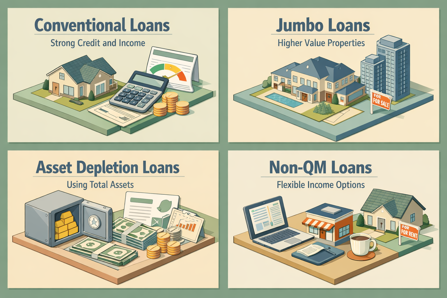 Infographic showing mortgage refinance options for dividend income borrowers: Conventional Loans, Jumbo Loans, Asset Depletion Loans, Non-QM Loans.