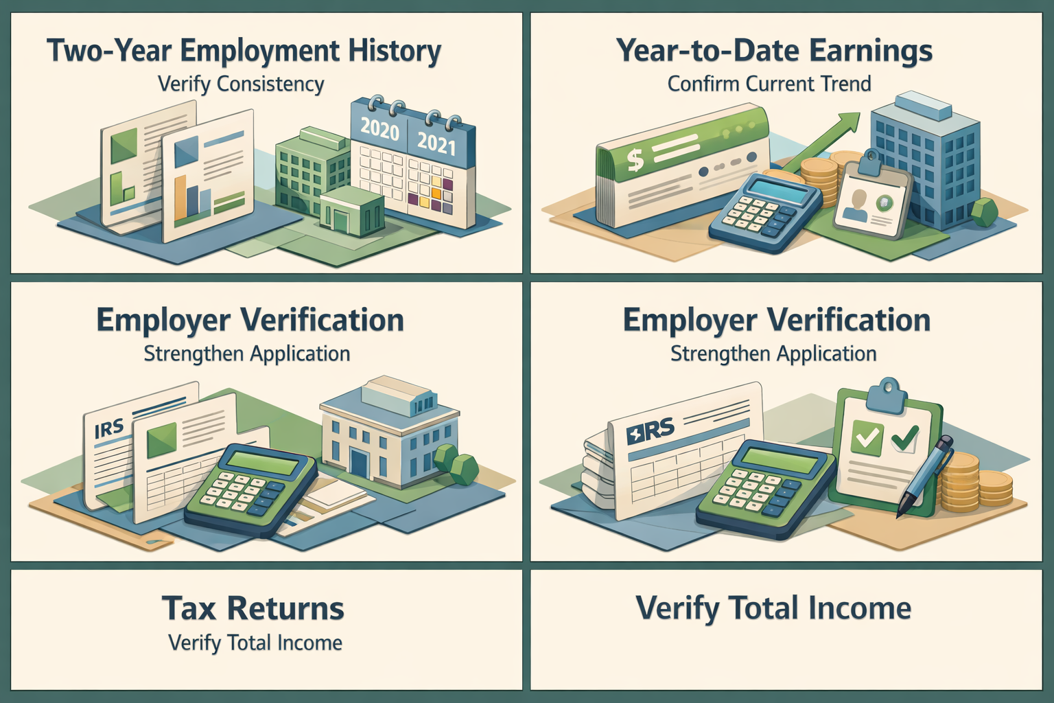 Infographic showing factors lenders consider for ARM refinance variable bonus pay including employment history and tax returns.