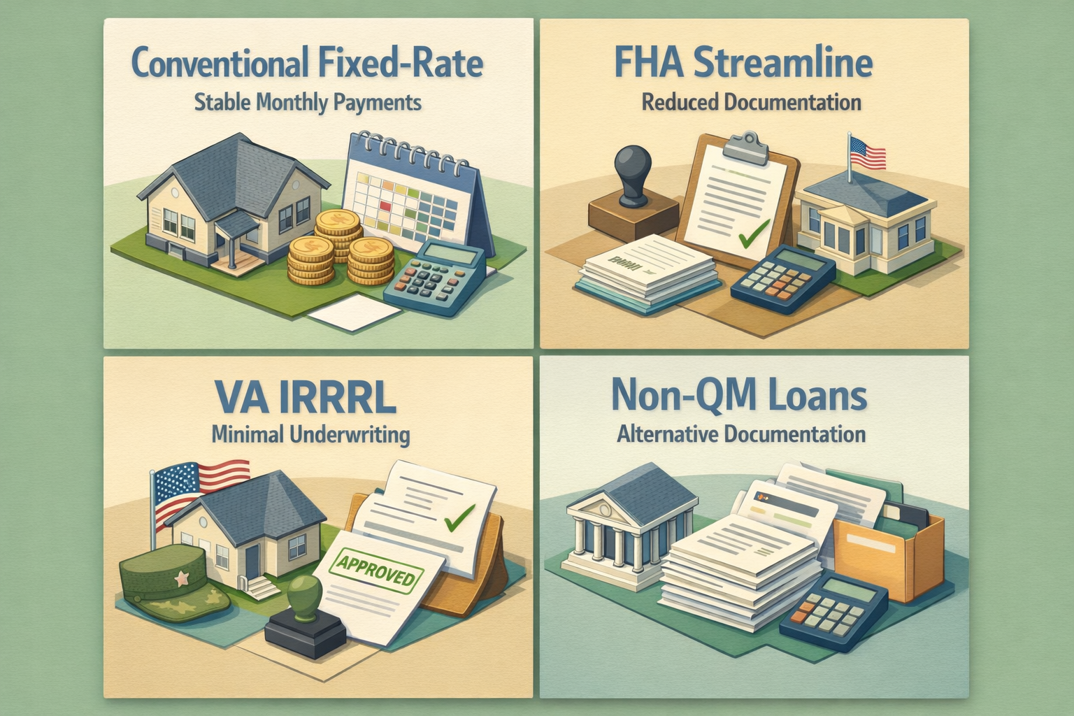 Infographic showing refinancing options for ARM mortgage including Conventional Fixed-Rate, FHA Streamline, VA IRRRL, and Non-QM Loans.