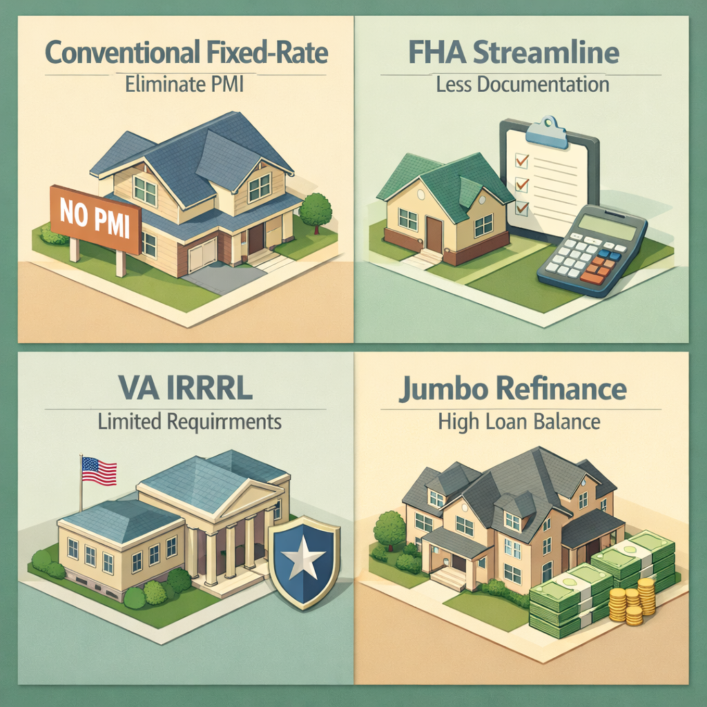 Infographic showing refinancing options for ARM mortgages using inheritance funds, including Conventional, FHA, VA, and Jumbo options.