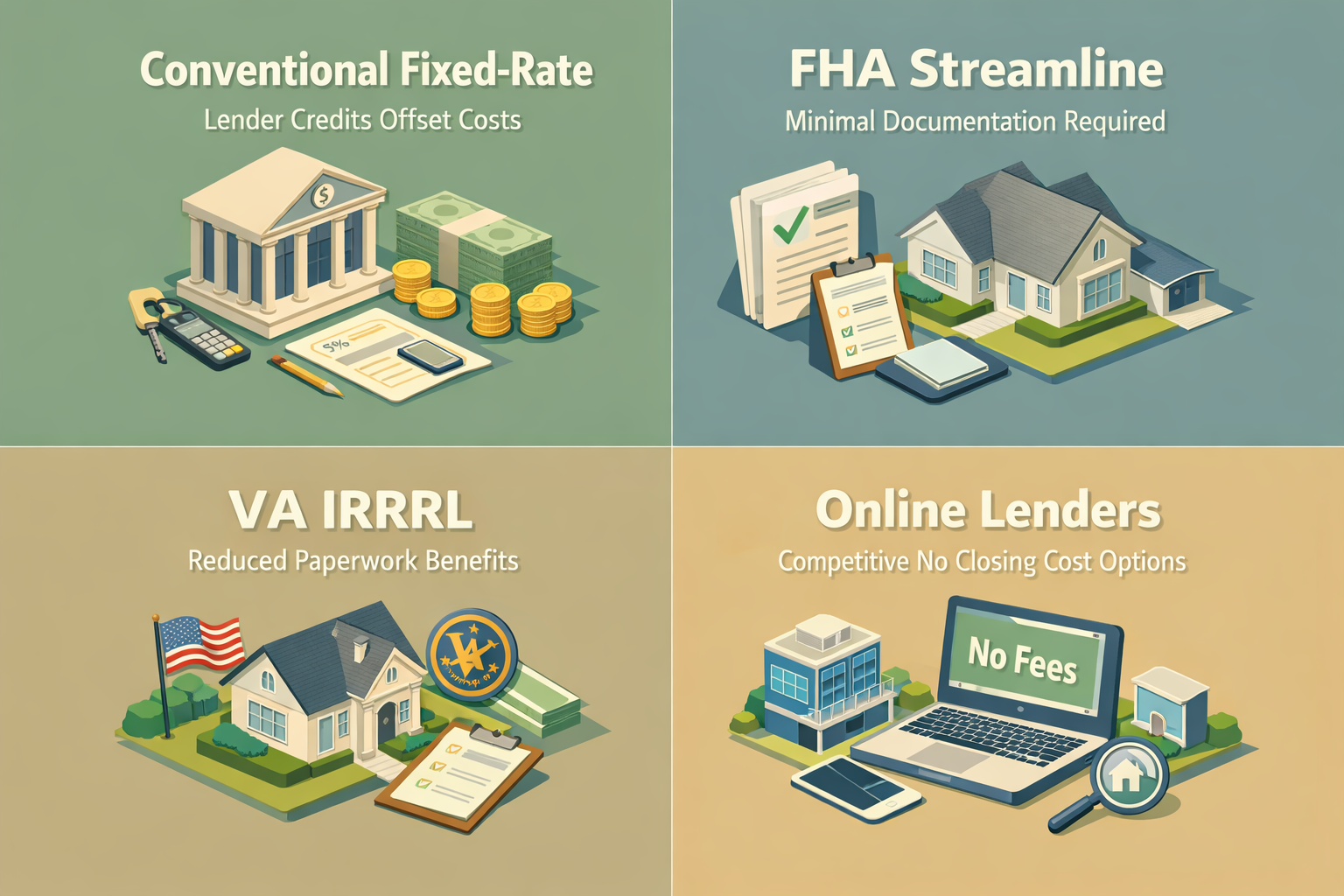 Infographic showing refinancing options for ARM mortgages including Conventional Fixed-Rate, FHA Streamline, VA IRRRL, and Online Lenders.