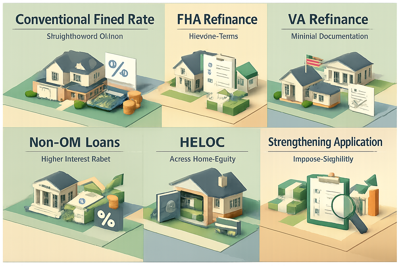 Infographic showing refinancing options for ARM mortgage with overtime and side hustle income including Conventional, FHA, VA, Non-QM, HELOC, and application tips.