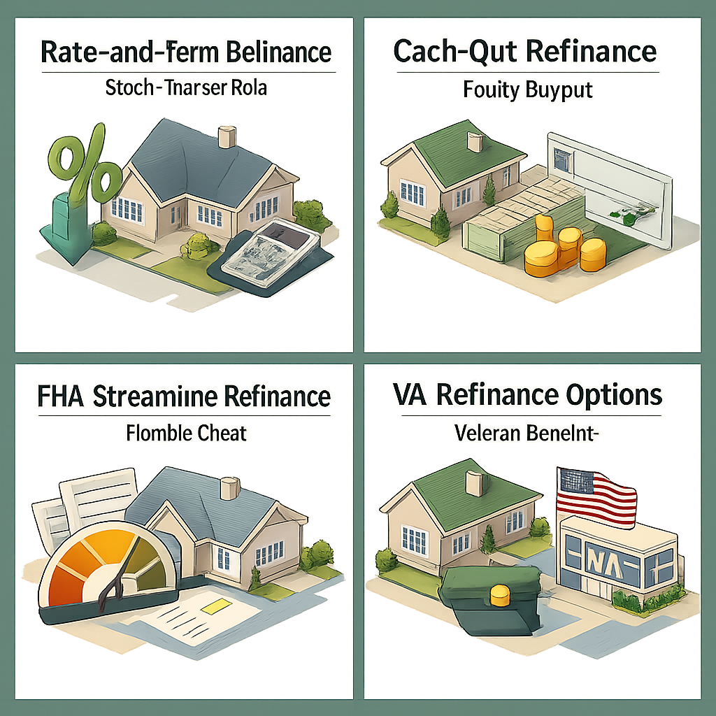 Infographic showing refinance options after divorce: Rate-and-Term, Cash-Out, FHA Streamline, and VA options.