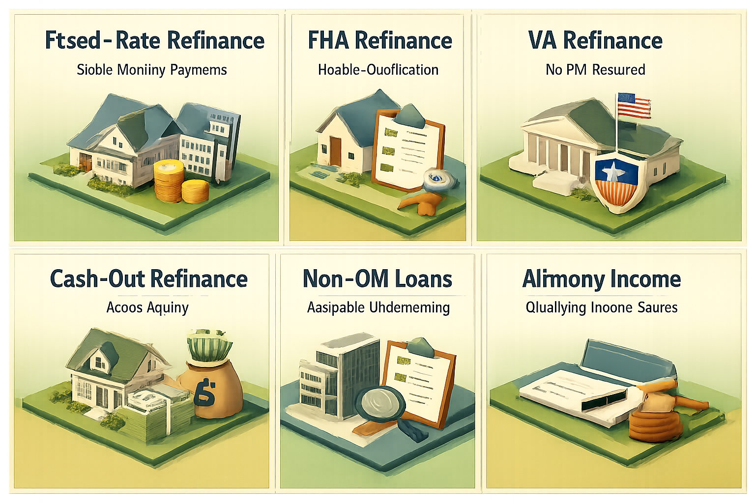 Infographic showing refinancing options for ARM mortgage after divorce, including fixed-rate, FHA, VA, cash-out, non-QM loans, and alimony income.