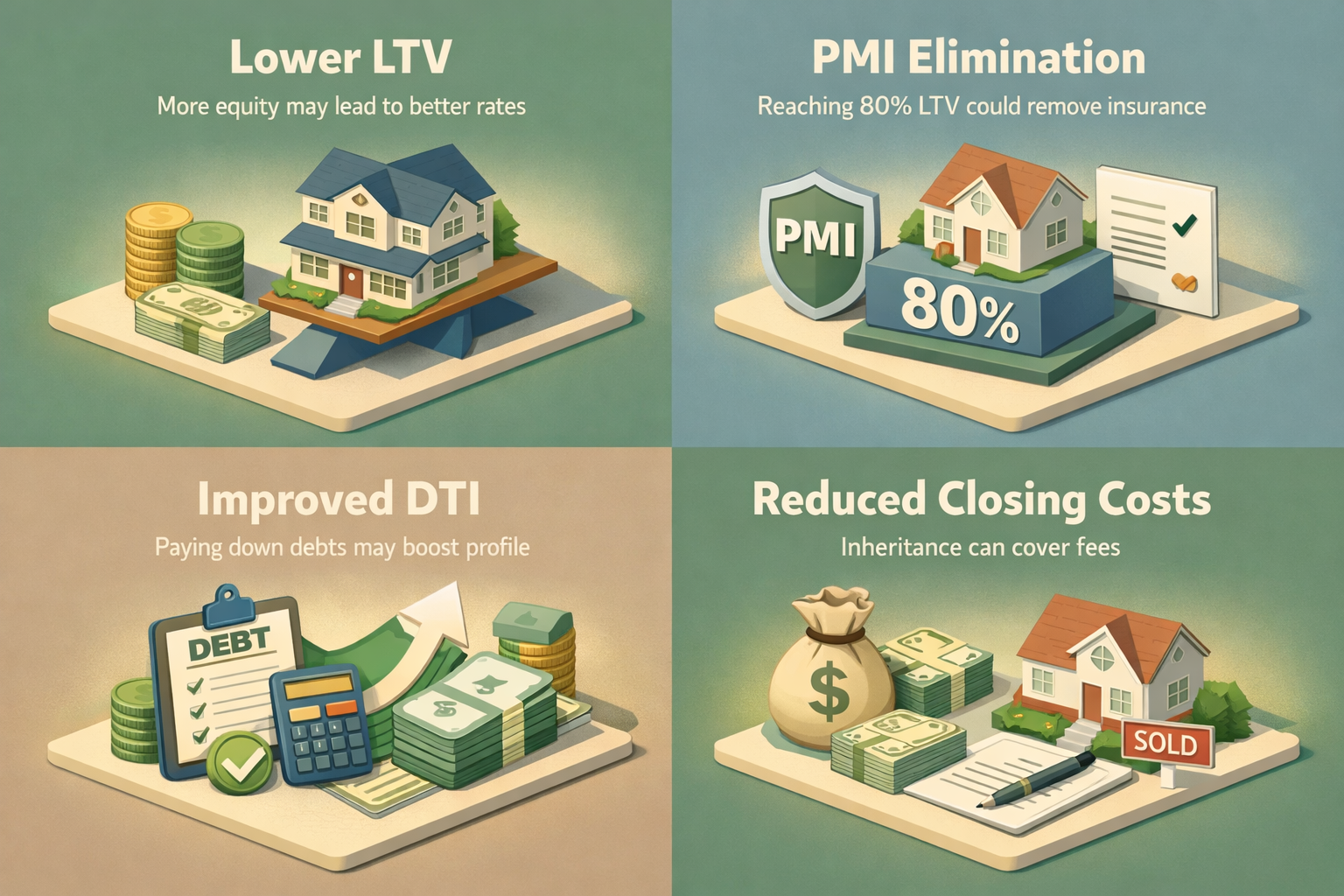 Infographic showing benefits of using inheritance for refinancing: Lower LTV, PMI elimination, Improved DTI, Reduced closing costs.