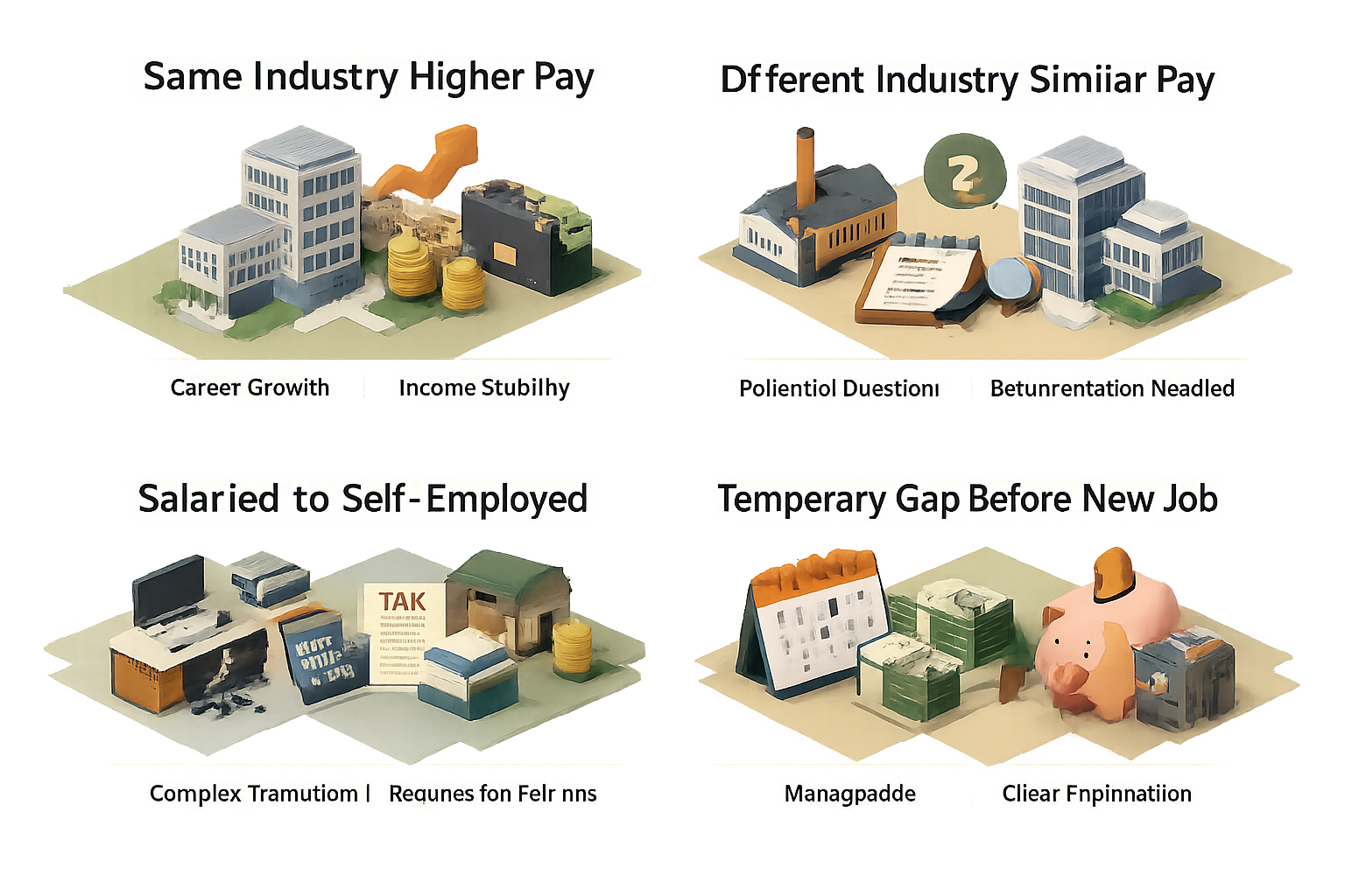 Infographic showing job change impacts on refinancing options: same industry higher pay, different industry similar pay, salaried to self-employed, temporary gap before new job.