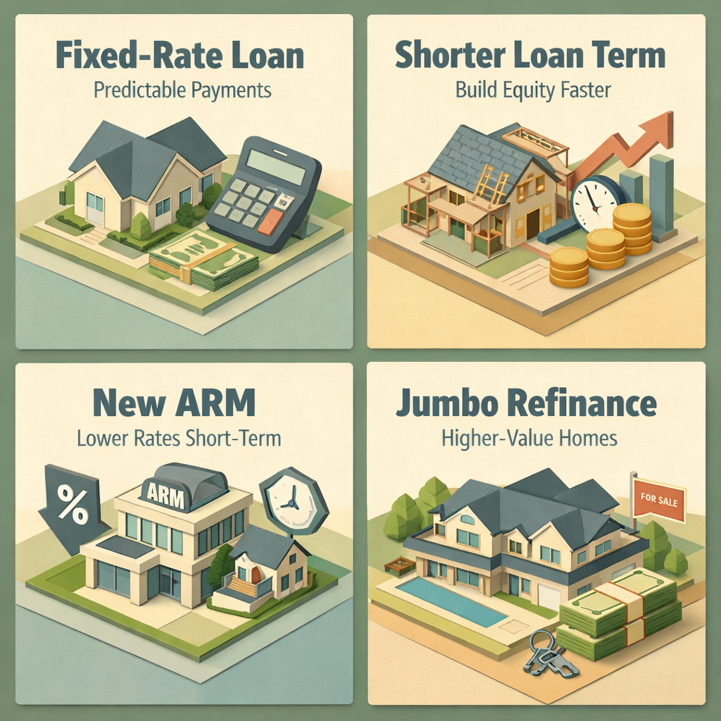 Infographic showing refinancing options for ARM mortgage after job promotion: Fixed-Rate Loan, Shorter Loan Term, New ARM, Jumbo Refinance.