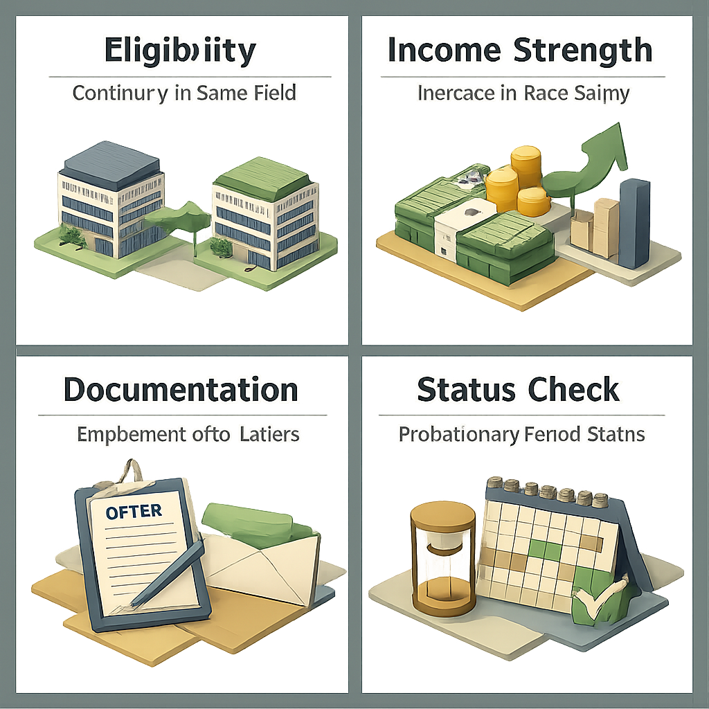 Infographic showing eligibility criteria for refinancing after job relocation, including continuity, income strength, documentation, and status check.