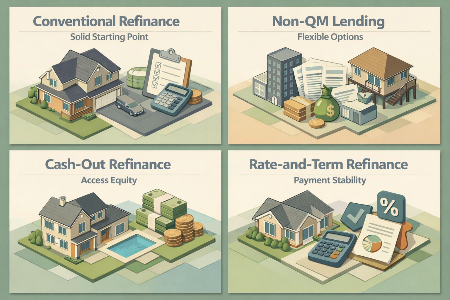Infographic on refinancing options including Conventional Refinance, Non-QM Lending, Cash-Out Refinance, and Rate-and-Term Refinance.