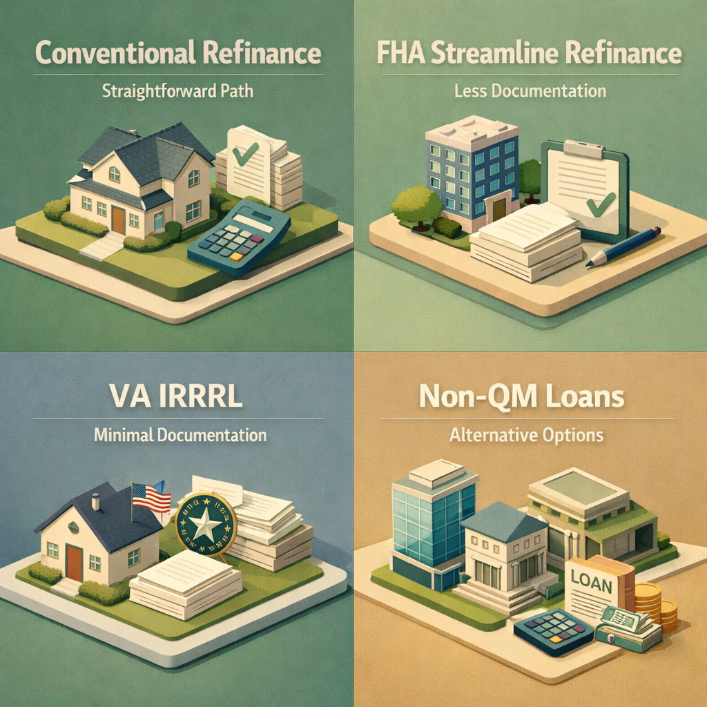 Infographic showing refinancing options for ARM mortgage after relocation: Conventional, FHA Streamline, VA IRRRL, Non-QM Loans.