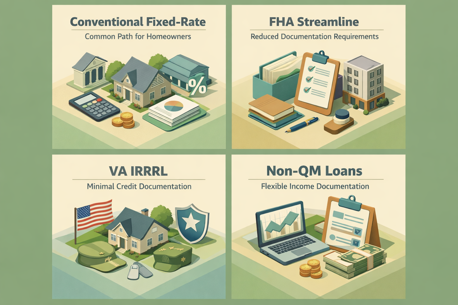 Infographic showing loan programs for refinancing ARM mortgages including Conventional Fixed-Rate, FHA Streamline, VA IRRRL, and Non-QM Loans.