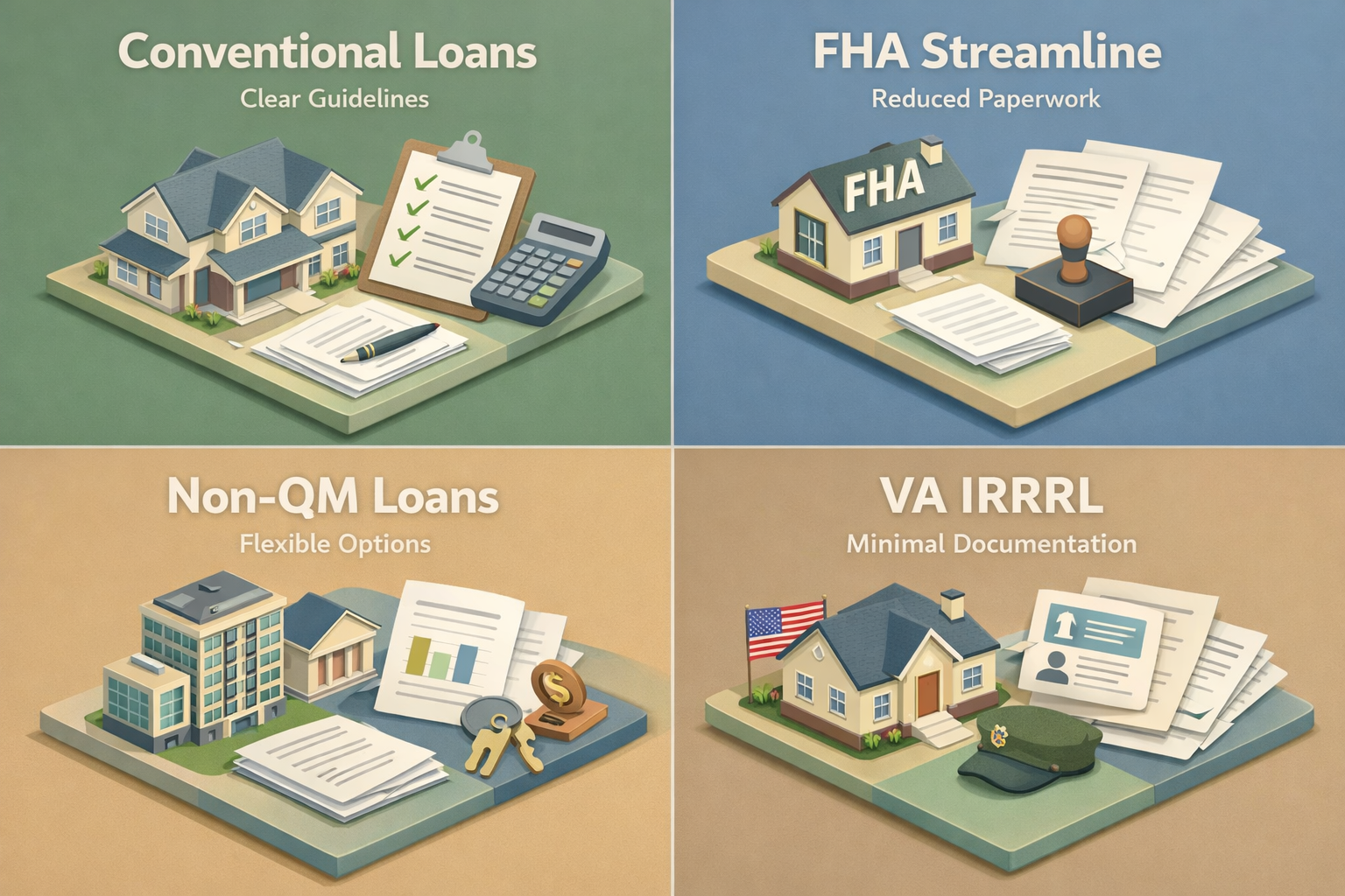 Infographic comparing loan programs for relocated borrowers including Conventional Loans, FHA Streamline, Non-QM Loans, and VA IRRRL.
