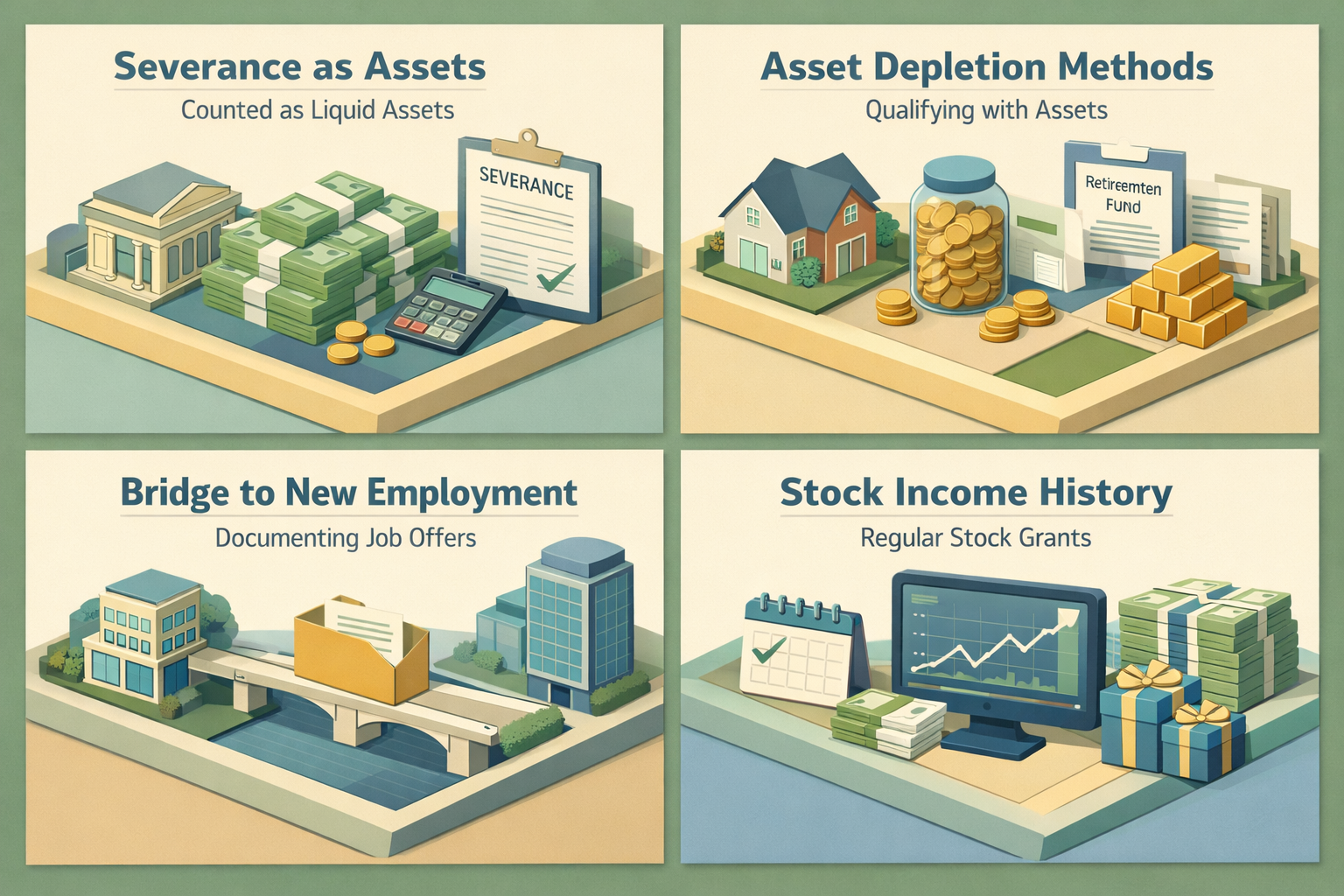 Infographic showing how lenders view severance income with panels on severance as assets, asset depletion methods, job offers, and stock income history.