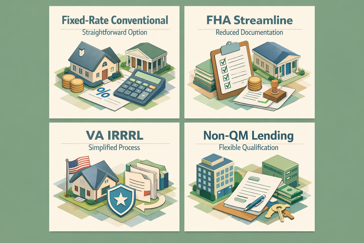 Infographic showing refinancing options for ARM mortgage with severance income: Fixed-Rate Conventional, FHA Streamline, VA IRRRL, Non-QM Lending.
