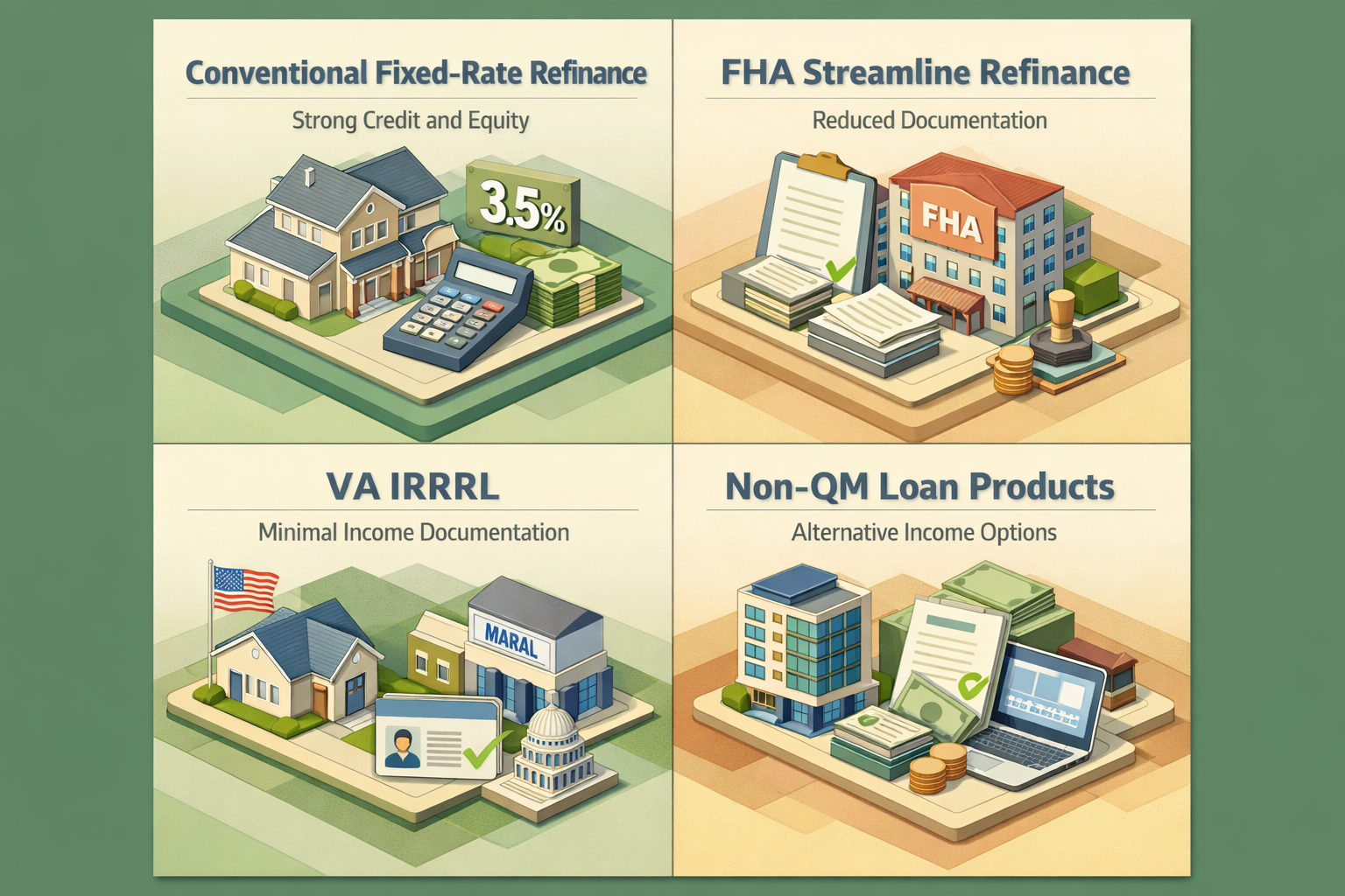 Infographic showing refinancing options for ARM mortgage with relocation bonus and part-time job including four loan types.