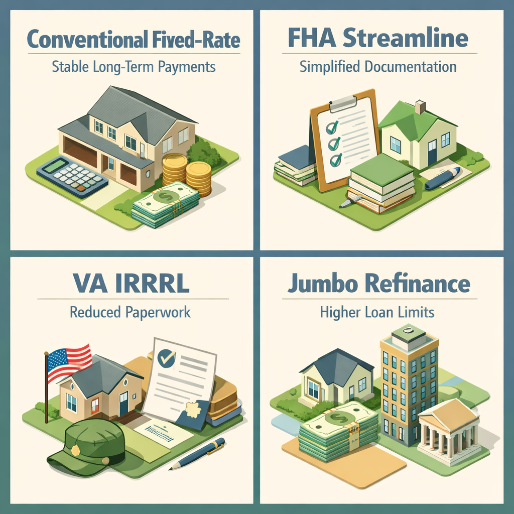 Infographic showing refinancing options for ARM mortgages including Conventional Fixed-Rate, FHA Streamline, VA IRRRL, and Jumbo Refinance.