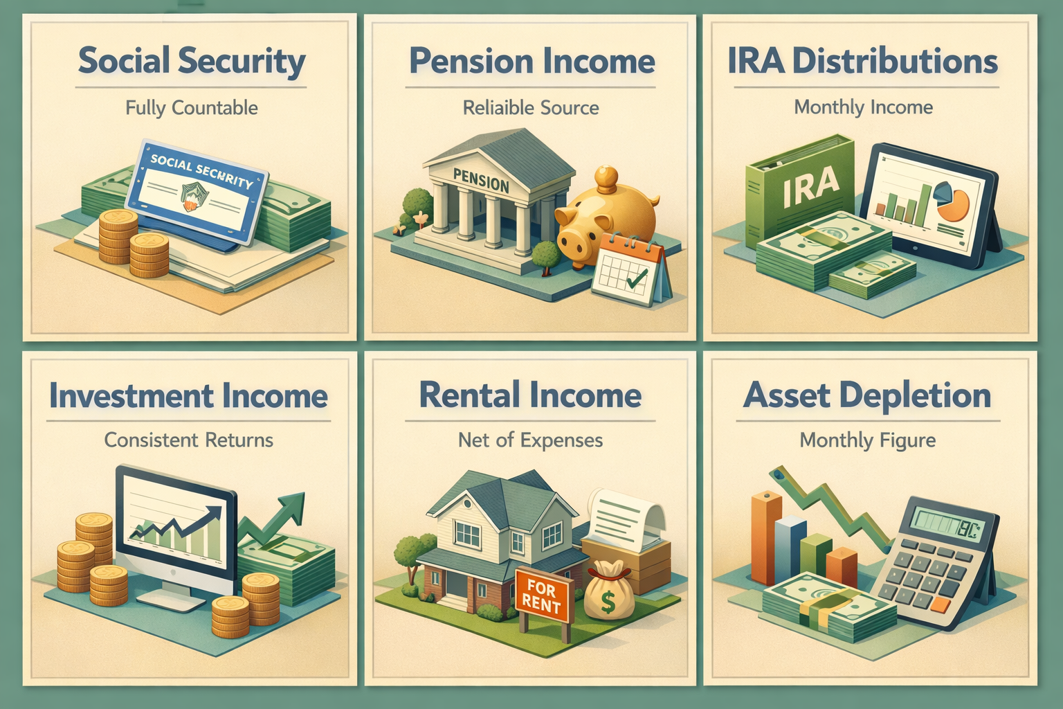 Infographic showing retirement income sources for ARM refinancing: Social Security, Pension, IRA, Investment, Rental, and Asset Depletion.