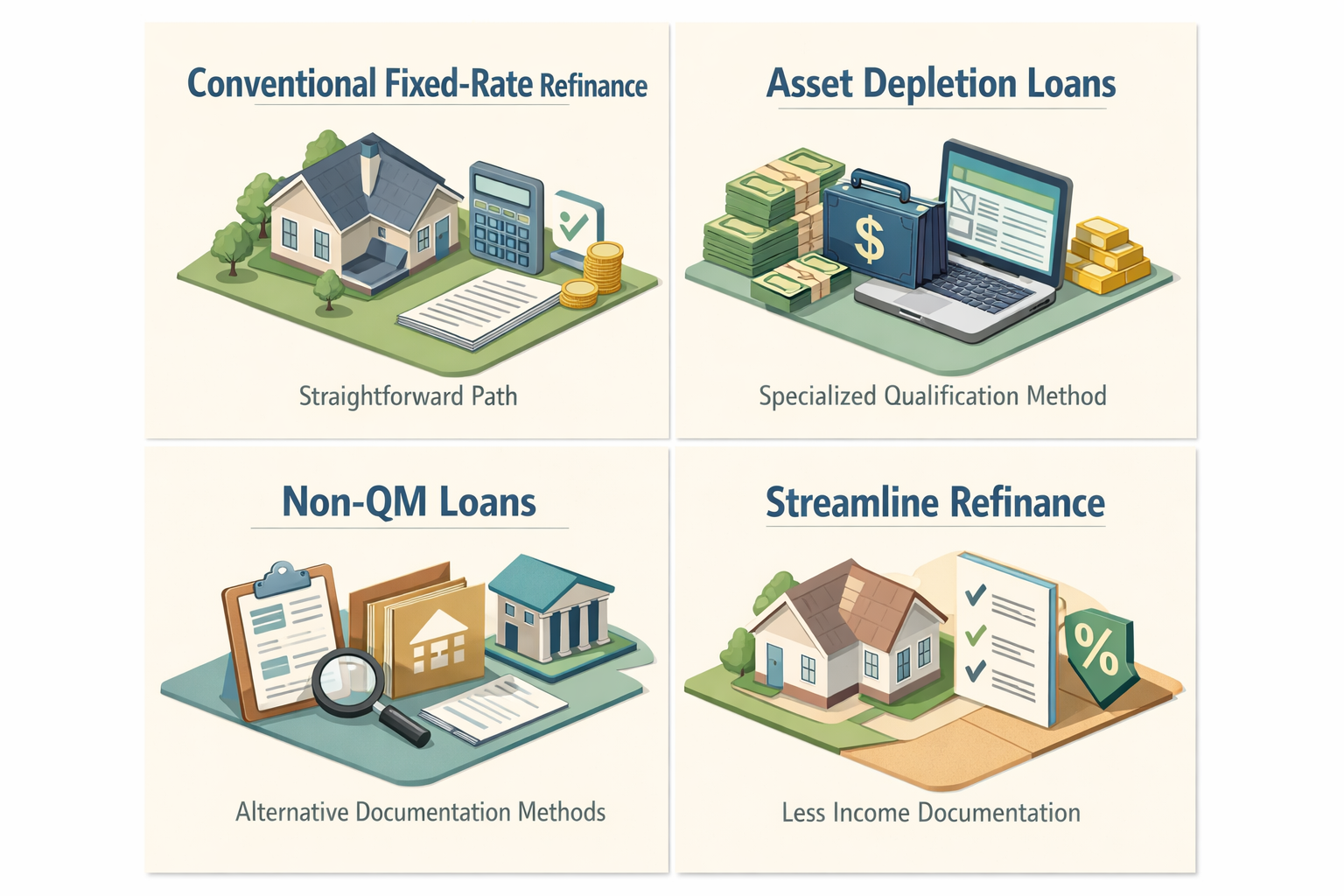 Infographic showing refinancing options for ARM mortgage with severance package and stock options including four key pathways.