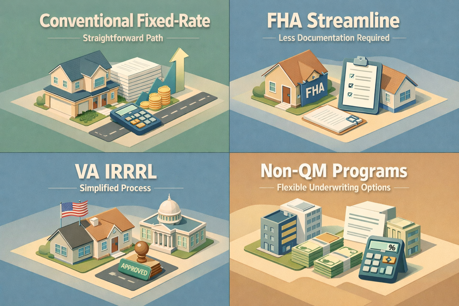 Infographic showing refinancing options for ARM mortgage with severance package including Conventional Fixed-Rate, FHA Streamline, VA IRRRL, and Non-QM Programs.