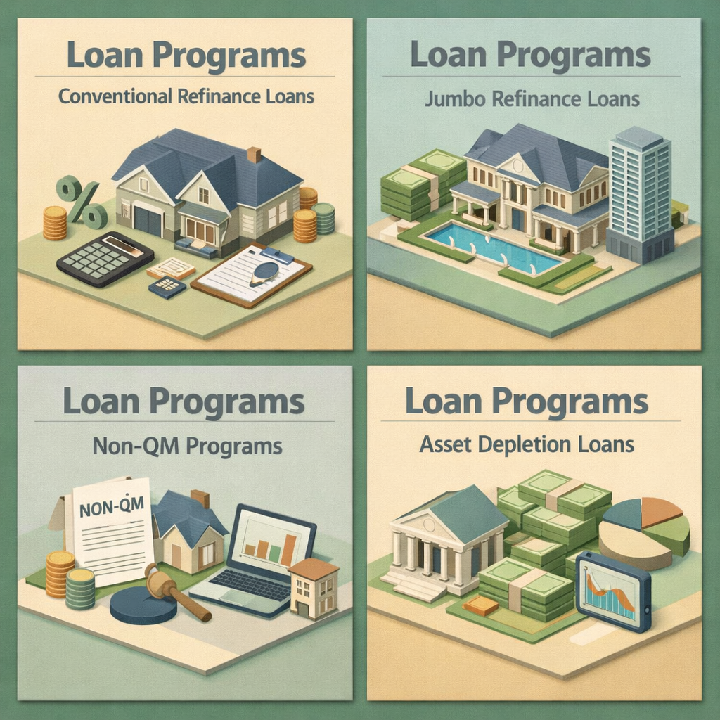 Infographic showing loan programs for refinancing with dividend income: Conventional, Jumbo, Non-QM, and Asset Depletion Loans.