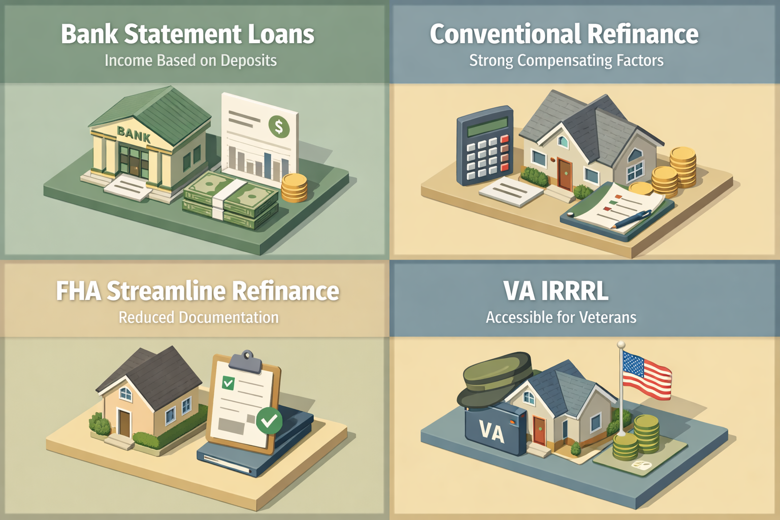 Infographic showing loan programs for freelancers refinancing an ARM, including Bank Statement Loans and FHA Streamline Refinance.