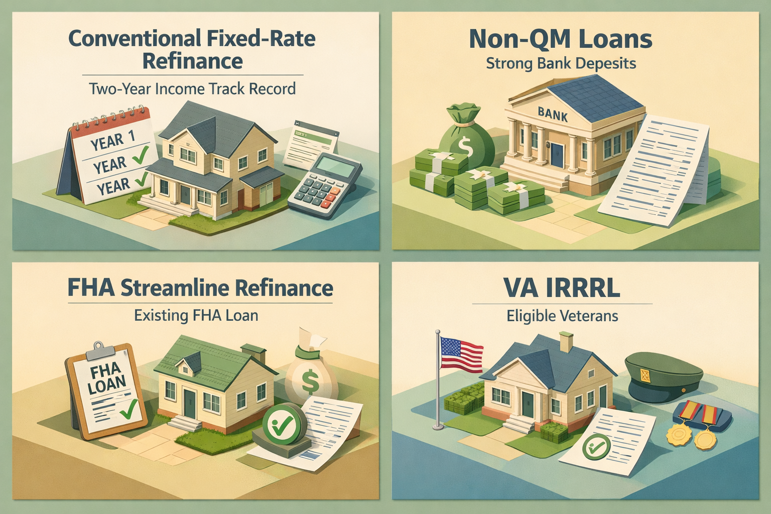 Infographic summarizing refinancing options for ARM mortgage with variable freelance overtime income, including four key loan types.