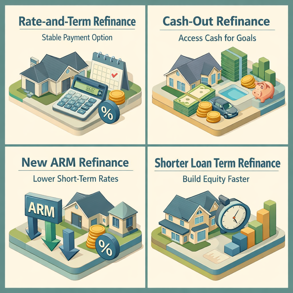 Infographic showing refinancing options for ARM borrowers with strong equity: Rate-and-Term, Cash-Out, New ARM, Shorter Loan Term.