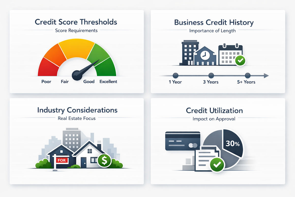 Infographic showing credit score thresholds, business credit history importance, industry considerations, and credit utilization impact.