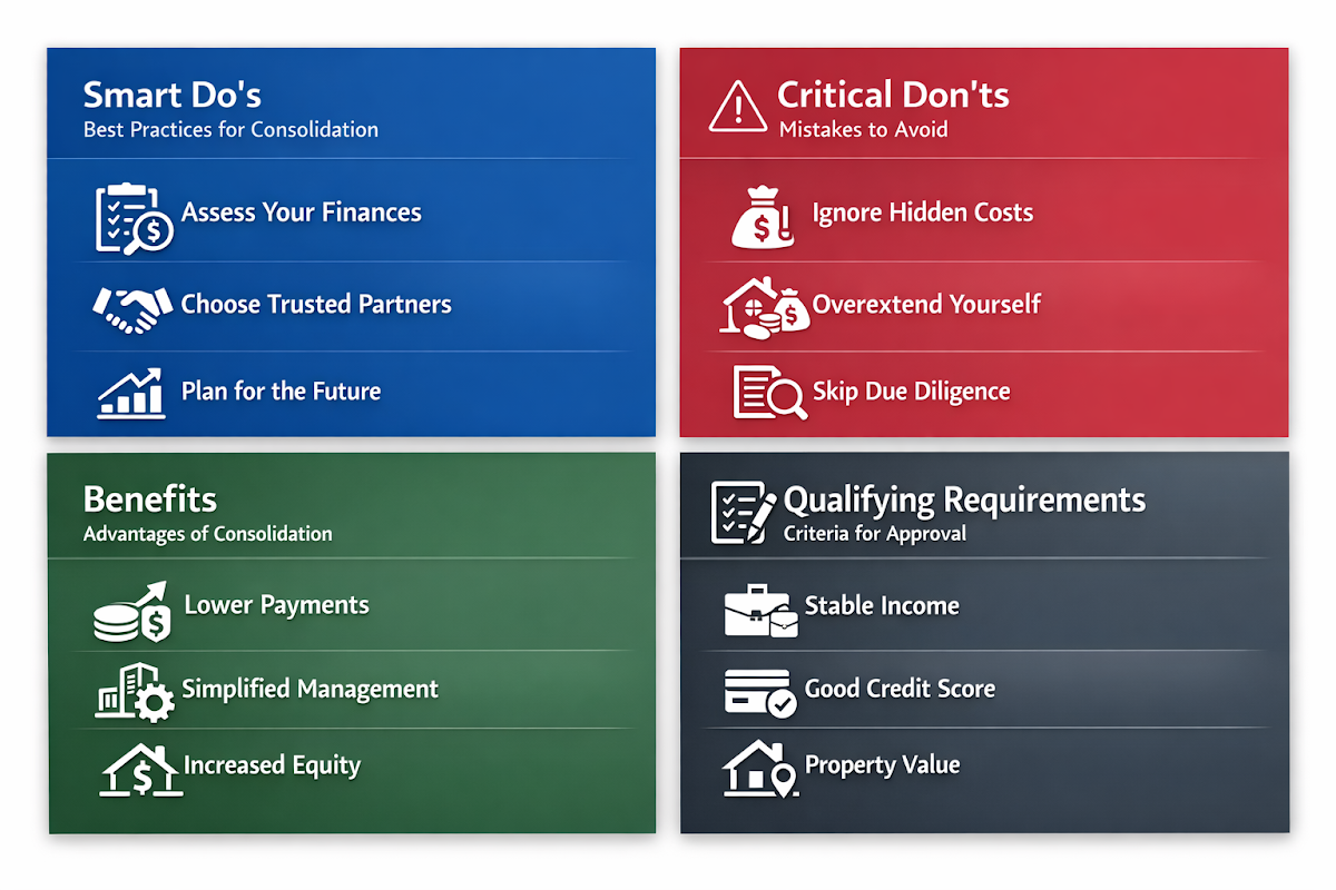 Infographic showing smart do's and don'ts for business debt consolidation, benefits, and qualifying requirements for loans.