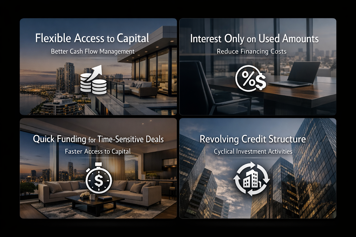 Infographic showing benefits of business lines of credit for real estate investors including flexible access to capital and quick funding.