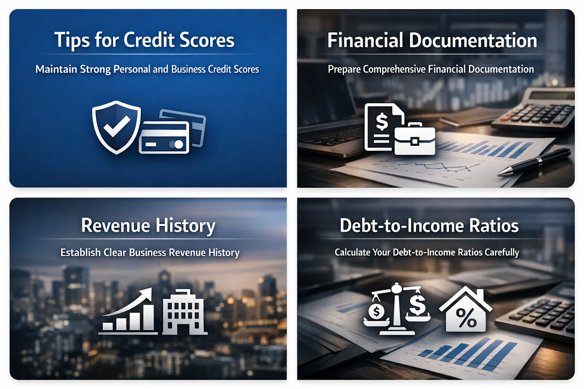 Infographic showing tips for securing a business line of credit, including credit scores, documentation, revenue history, and debt ratios.