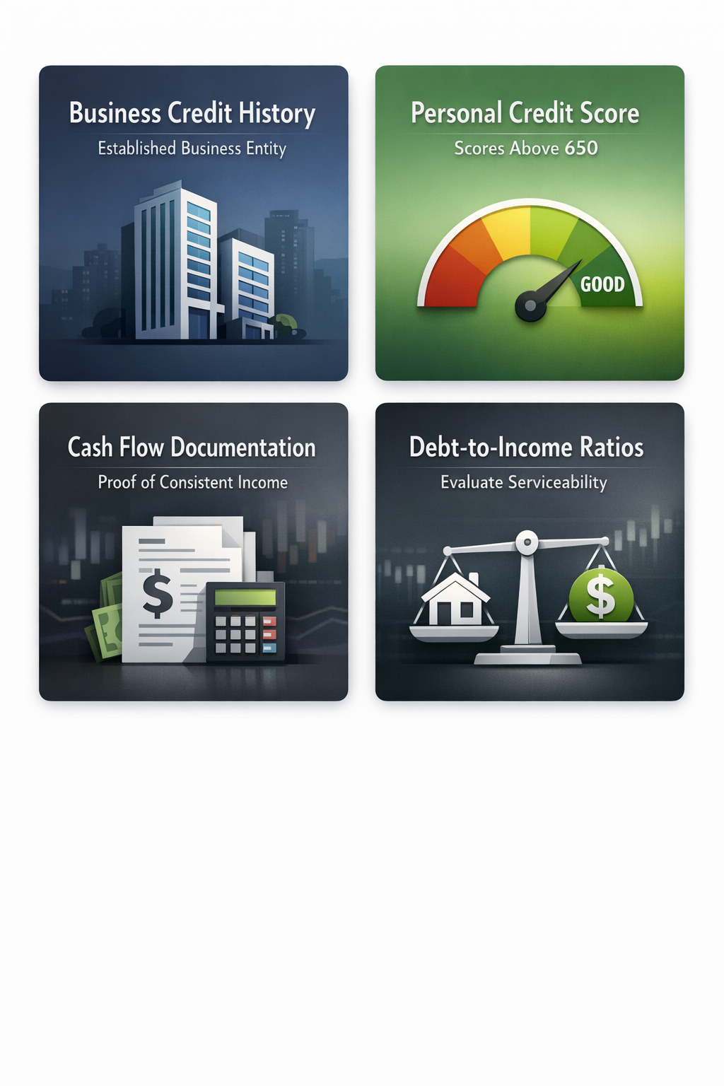 Visualizing key requirements for a business line of credit for real estate investors, including credit history and cash flow documentation.