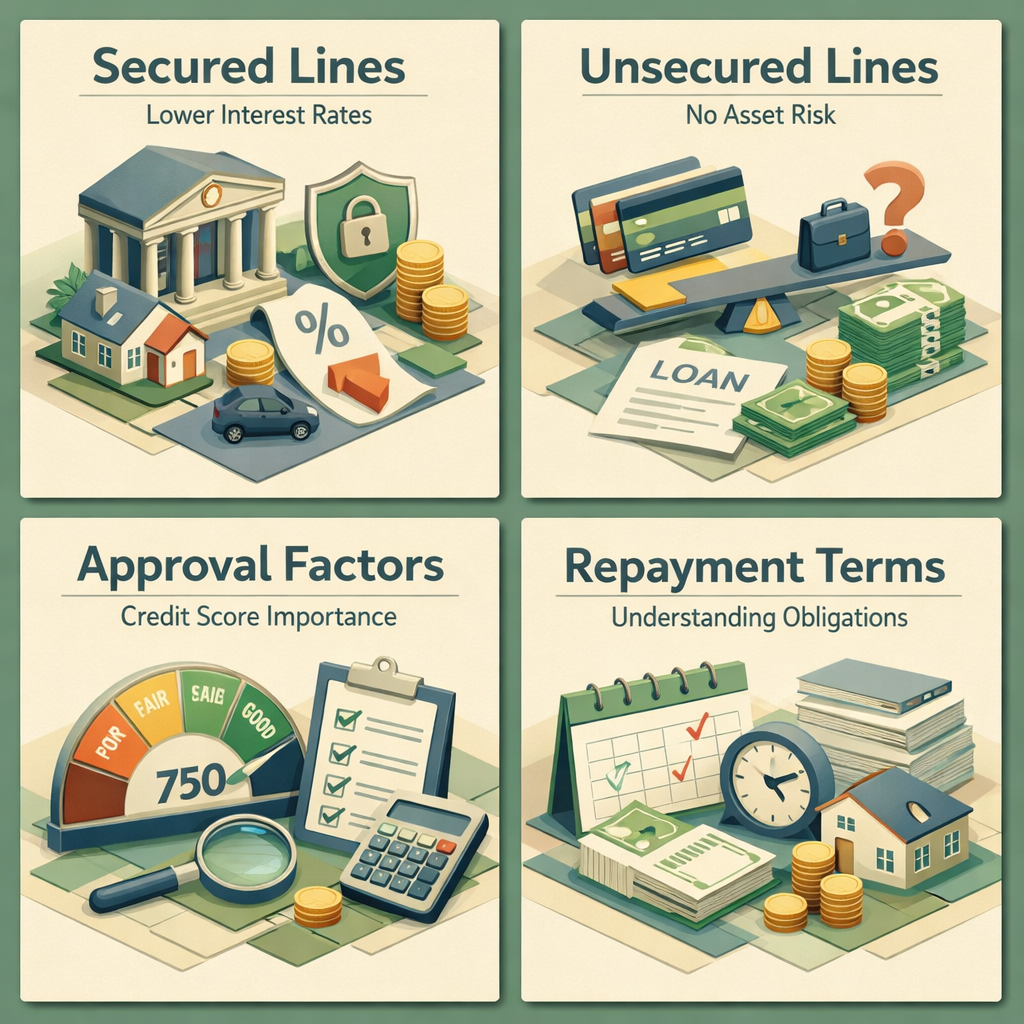 Infographic comparing secured and unsecured lines of credit, approval factors, and repayment terms for business loans.