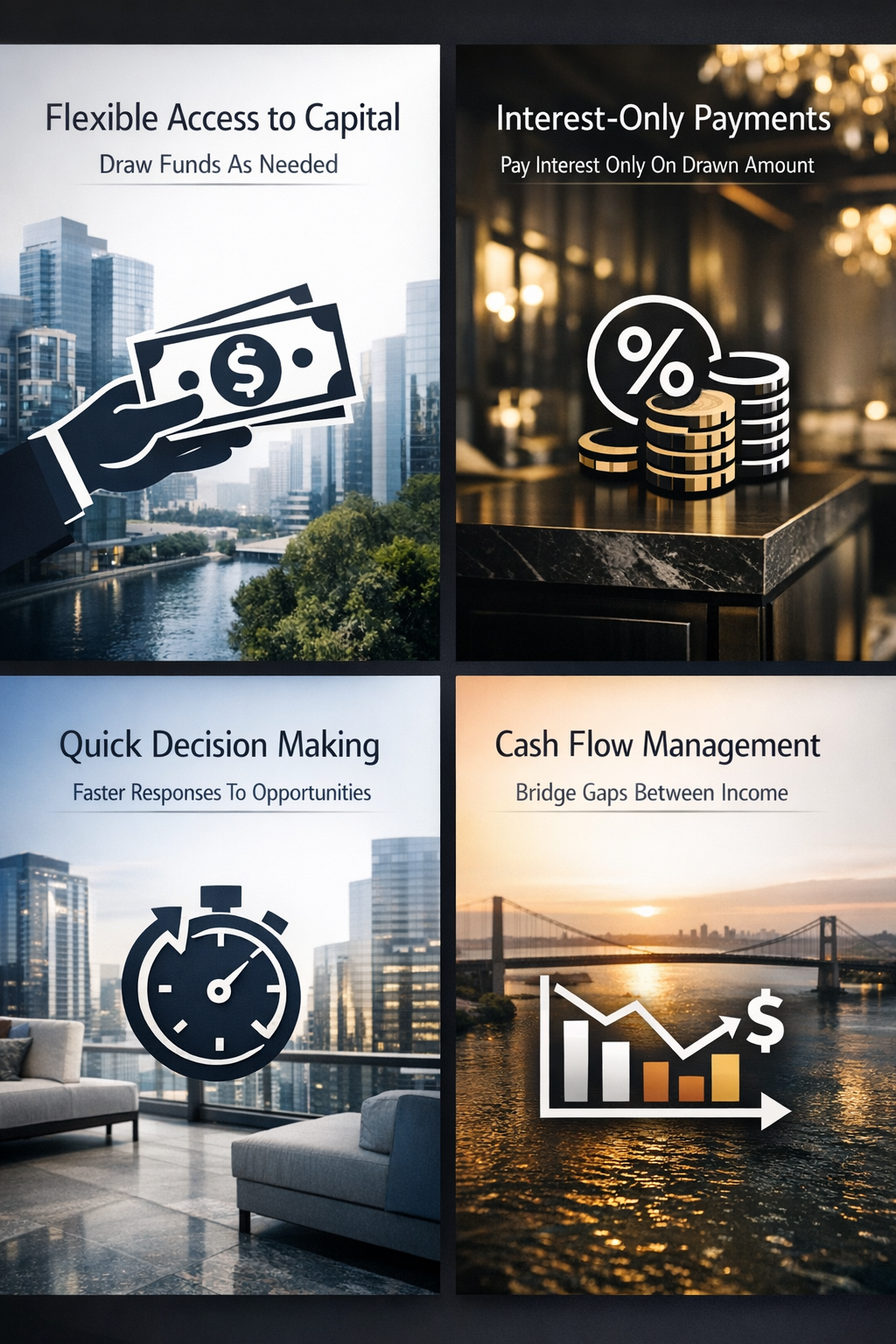 Infographic showing key advantages of business line of credit for property investors including flexible access and cash flow management.