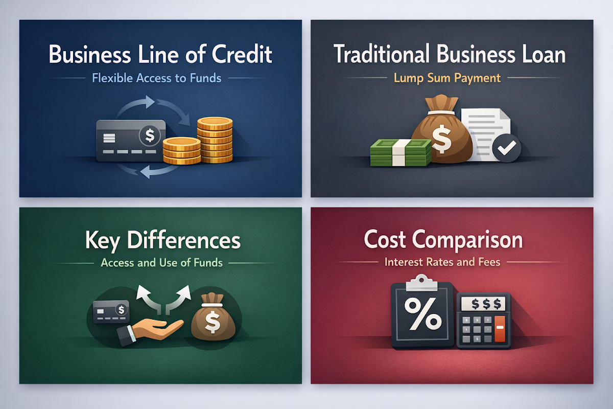 Comparison of business line of credit and traditional business loan, highlighting access, use, and cost differences.