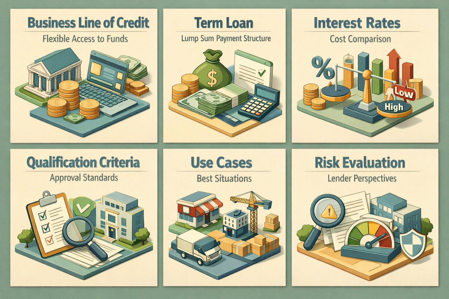 Infographic comparing business line of credit and term loan, including interest rates, qualification criteria, use cases, and risk evaluation.